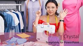  Presentation with sewing - PPT theme featuring hispanic-young-woman-dressmaker-designer background and a coral colored foreground