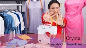  Presentation with panic - Slide deck featuring hispanic-young-woman-dressmaker-designer background and a coral colored foreground