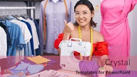  Presentation with sewing - Presentation theme featuring hispanic-young-woman-dressmaker-designer background and a coral colored foreground