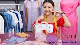  Presentation with sewing - Theme consisting of hispanic-young-woman-dressmaker-designer background and a coral colored foreground
