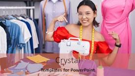  Presentation with confident young hispanic woman - Slide deck featuring hispanic-young-woman-dressmaker-designer background and a coral colored foreground