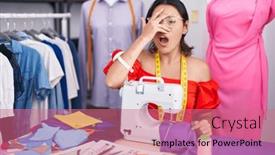  Presentation with sewing machine - PPT theme featuring hispanic-young-woman-dressmaker-designer background and a coral colored foreground