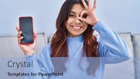  Presentation with smartphone - Slides having hispanic-young-woman-holding-smartphone background and a  colored foreground