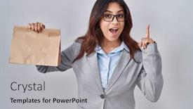  Presentation with take - PPT theme with hispanic-young-woman-holding-take background and a light gray colored foreground