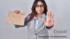  Presentation with take off - PPT theme with hispanic-young-woman-holding-take background and a light gray colored foreground