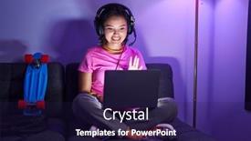  Presentation with standing sitting - Slide deck with hispanic-young-woman-playing-video background and a navy blue colored foreground