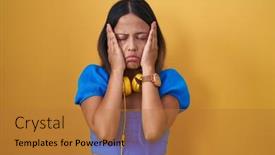  Presentation with sadness - PPT theme with hispanic-young-woman-standing-over background and a gold colored foreground