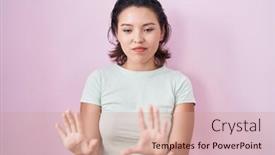  Presentation with forbidden - PPT theme with hispanic-young-woman-standing-over background and a coral colored foreground