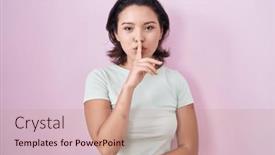  Presentation with woman praying over bible - PPT theme with hispanic-young-woman-standing-over background and a coral colored foreground