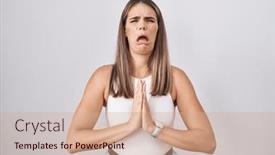  Presentation with praying hands - PPT layouts having hispanic-young-woman-standing-over background and a coral colored foreground