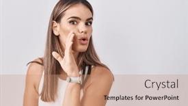  Presentation with talk - Presentation theme enhanced with hispanic-young-woman-standing-over background and a coral colored foreground