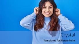  Presentation with ears - Theme with hispanic-young-woman-standing-over background and a light blue colored foreground