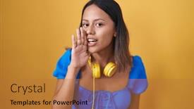  Presentation with talk - Presentation theme featuring hispanic-young-woman-standing-over background and a red colored foreground