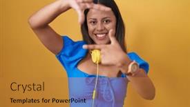  Presentation with creativity - Presentation with hispanic-young-woman-standing-over background and a gold colored foreground