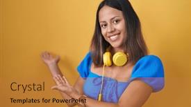  Presentation with hispanic - Slide set featuring hispanic-young-woman-standing-over background and a gold colored foreground