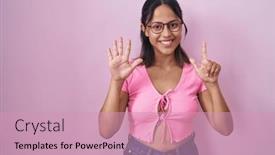  Presentation with confident young hispanic woman - PPT theme enhanced with hispanic-young-woman-standing-over background and a coral colored foreground