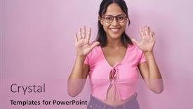  Presentation with confident young hispanic woman - Slide deck featuring hispanic-young-woman-standing-over and a coral colored foreground