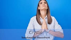  Presentation with woman praying over bible - PPT theme featuring hispanic-young-woman-standing-over and a teal colored foreground