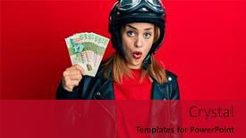  Presentation with hong kong - Amazing PPT theme having hispanic-young-woman-wearing-motorcycle backdrop and a crimson colored foreground