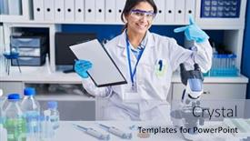  Presentation with confident young hispanic woman - Presentation theme featuring hispanic-young-woman-working background and a light blue colored foreground