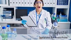  Presentation with mad scientist - Slide set with hispanic-young-woman-working background and a light blue colored foreground