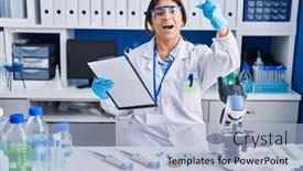  Presentation with mad scientist - PPT theme with hispanic-young-woman-working background and a light blue colored foreground