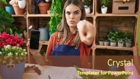  Presentation with confident young hispanic woman - Presentation design enhanced with hispanic-young-woman-working background and a  colored foreground