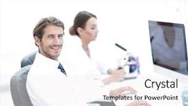  Presentation with computer - Amazing theme having histopathology - young male technician working backdrop and a white colored foreground