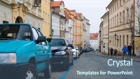  Presentation with czechia - Colorful slide deck enhanced with cars parking on a street in an old town of prague czechia backdrop and a ocean colored foreground