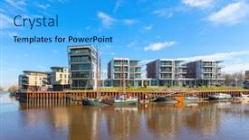  Presentation with city buildings - Slide deck consisting of historic-boats-and-modern-buildings background and a cyan colored foreground