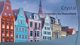  Presentation with buildings - Audience pleasing presentation theme consisting of historic-buildings-in-rostock-germany backdrop and a teal colored foreground