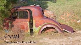  Presentation with old car - Colorful PPT layouts enhanced with historic cars - abandond rusty wrecks backdrop and a coral colored foreground