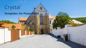  Presentation with king crown - Presentation design enhanced with historic-christian-monastery-zlata-koruna background and a light blue colored foreground