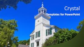  Presentation with mission - Colorful PPT theme enhanced with historic-mission-church-in-mackinac backdrop and a cobalt blue colored foreground