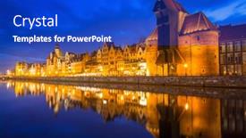  Presentation with river port - Slide set enhanced with historic port crane in gdansk reflected in motlawa river at dusk poland background and a cobalt blue colored foreground