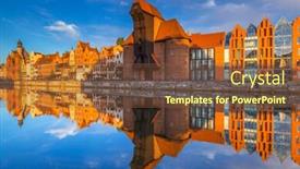  Presentation with river port - PPT theme with historic port crane of gdansk reflected in motlawa river at sunrise poland background and a tawny brown colored foreground