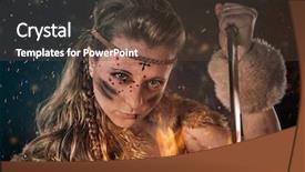  Presentation with female warrior - PPT theme enhanced with historical character - beautiful young amazon female warrior background and a tawny brown colored foreground