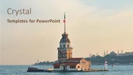  Presentation with tower - Audience pleasing PPT theme consisting of historical maiden's tower or kiz kulesi and a pleasure boat at sunset - istanbul turkey backdrop and a lemonade colored foreground