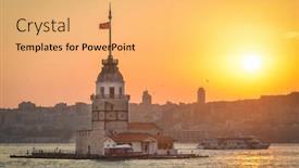  Presentation with istanbul - Slide set featuring historical maiden's tower or kiz kulesi and a pleasure boat at sunset - istanbul turkey background and a yellow colored foreground