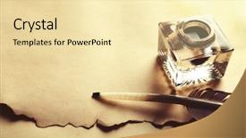  Presentation with feather pen - Colorful PPT layouts enhanced with history - feather pen and inkwell backdrop and a blonde colored foreground