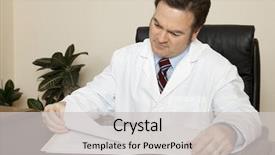  Presentation with doctor patient relations - PPT theme with medical history - handsome doctor at his desk background and a light gray colored foreground