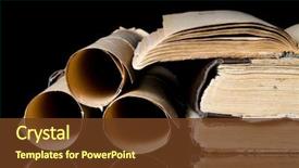  Presentation with many old books - Beautiful PPT theme featuring history - many scrolls and old books backdrop and a tawny brown colored foreground