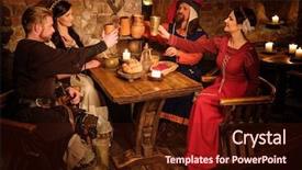  Presentation with medieval - Colorful PPT theme enhanced with history - medieval people eat and drink backdrop and a wine colored foreground