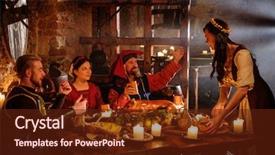  Presentation with castle - Colorful presentation theme enhanced with history - medieval people eat and drink backdrop and a tawny brown colored foreground