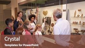  Presentation with museum - Beautiful PPT theme featuring history - students looking at artifacts backdrop and a tawny brown colored foreground