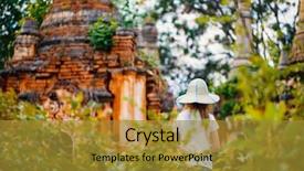  Presentation with group of three young girl - Cool new presentation design with history ancient century - young girl visiting hundrets backdrop and a gold colored foreground