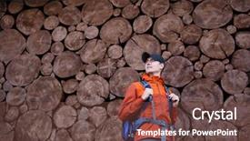  Presentation with backpack - Cool new PPT layouts with history baseball - guy with backpack on wall backdrop and a tawny brown colored foreground