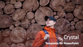  Presentation with backpack - Slide deck with history baseball - man with backpack against wall background and a tawny brown colored foreground