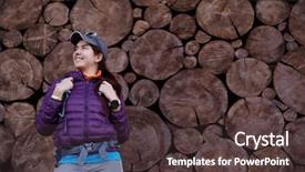  Presentation with backpack - Cool new slides with history baseball - woman with backpack against wall backdrop and a tawny brown colored foreground