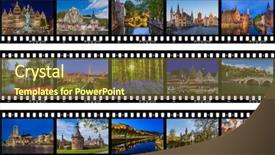  Presentation with camera film - Slide deck with history camera - frames of film - belgium background and a tawny brown colored foreground